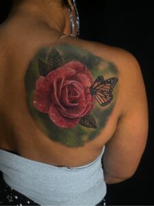 rose butterfly nature coverup color tattoo