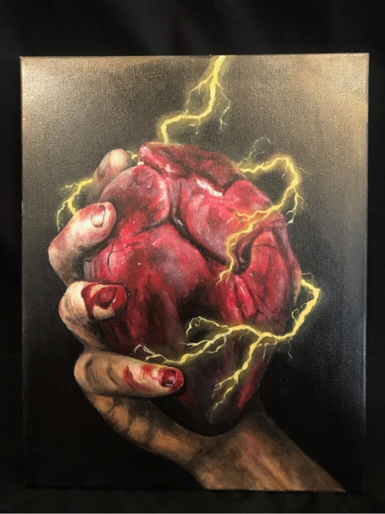 hand holding anatomical heart lightning acrylic painting
